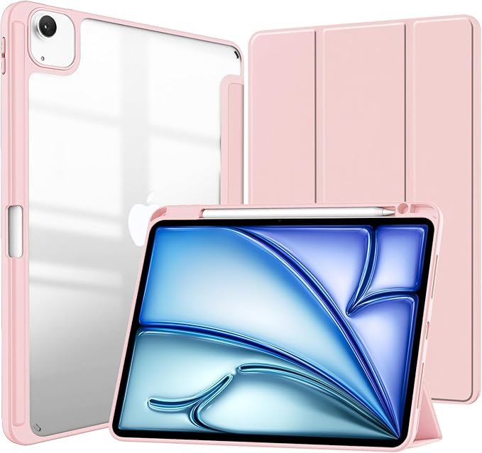 Case Cover for iPad Air 10.9 -inch (M2 2024) with Pencil Holder, Slim Tablet Cover with Transparent Shockproof Hard Back, Protective Smart Sleep/Wakeup (Pink)