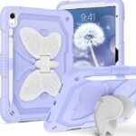 iPad 10th Generation 2022 10.9 Inch A2696 A2757 A2777 with Pencil Holder Butterfly Kickstand Soft Silicone Hard PC Girls Kids Women Shockproof Protective Tablet Cover, Purple