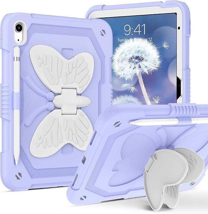 iPad 10th Generation 2022 10.9 Inch A2696 A2757 A2777 with Pencil Holder Butterfly Kickstand Soft Silicone Hard PC Girls Kids Women Shockproof Protective Tablet Cover, Purple