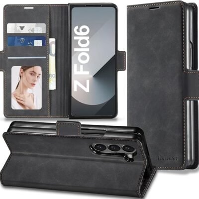 Samsung Galaxy Z Fold 6 Case, Flip Leather Cover with Hinge Protection, Slim Magnetic Wallet Case