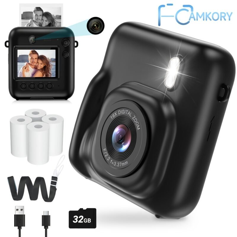 Instant Print Camera] 48MP Dual-Lens CAMKORY Instant Print Camera - 1080P Selfie Instant Cameras with 32GB SD Card - Black - Image 6