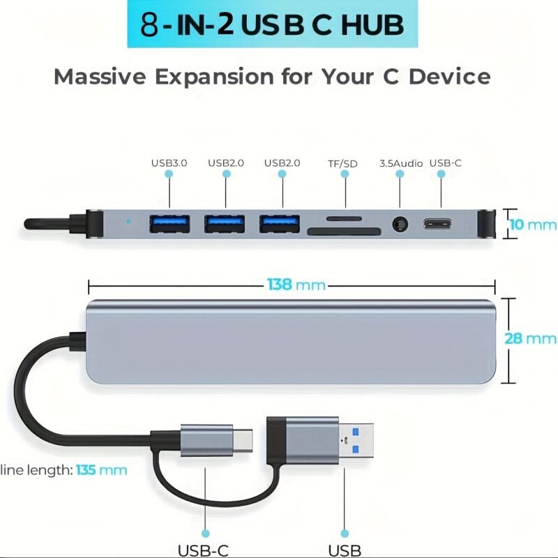 8-Port USB 3.0 & Type-C Hub, Dual-Purpose with Audio Mic, Micro SD/TF Card Reader, for Laptops - Image 6