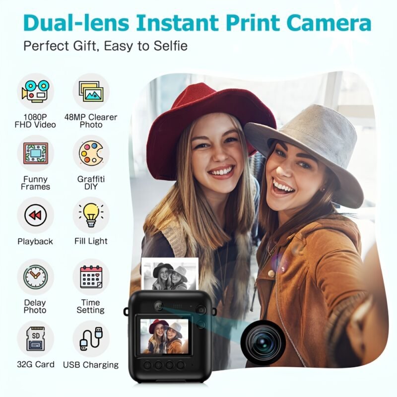 Instant Print Camera] 48MP Dual-Lens CAMKORY Instant Print Camera - 1080P Selfie Instant Cameras with 32GB SD Card - Black - Image 7