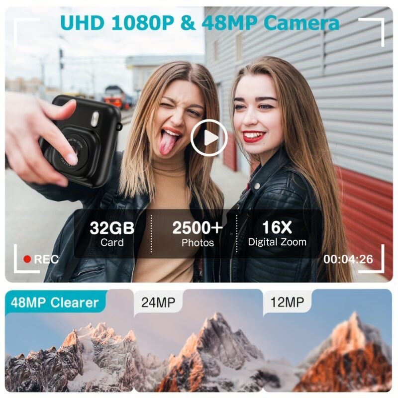 Instant Print Camera] 48MP Dual-Lens CAMKORY Instant Print Camera - 1080P Selfie Instant Cameras with 32GB SD Card - Black - Image 5