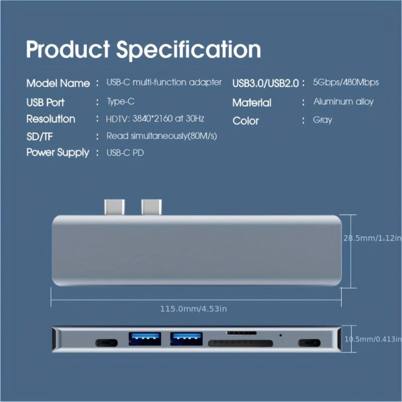 Multiport Adapter with 7 Ports Including USB-A 3.0, USB-C Data Port, 4K HDTV Output, Microsd And SD Card Reader, And 87W Power Delivery for Macbook Pro. - Image 6