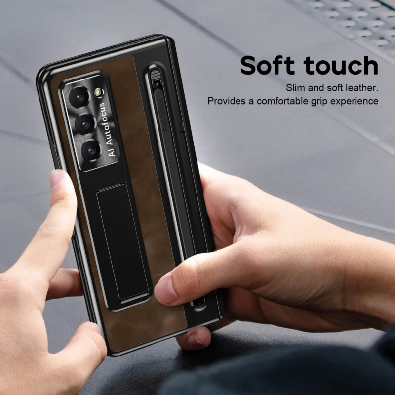 Leather Bracket Pen Slot With Stylus Case For Samsung Galaxy Z Fold 6 5 4 Glass Screen Hinge Protection Cover For Z Fold6 Fold5 - Image 4