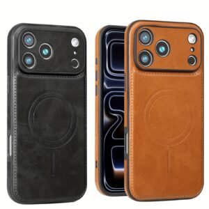 Home synthetic faux leather cover for iphone 17/16/15/14/13/12 pro max plus, works with magnetic wireless charger, stylish luxury slim shock resistant complete protection case, i