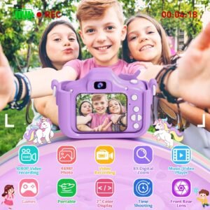 kids camera with 1080p hd video, 48mp, 5 games, usb rechargeable battery, 2" screen, 2" lcd display, 2" lens, kids birthday gift, kids christmas and halloween birthday gift