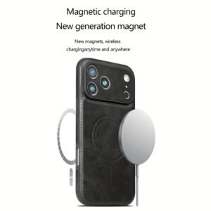 Home synthetic faux leather cover for iphone 17/16/15/14/13/12 pro max plus, works with magnetic wireless charger, stylish luxury slim shock resistant complete protection case, i
