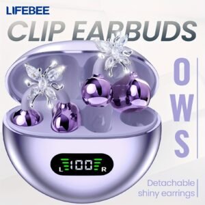 [lifebee ows clip on earbuds] lifebee ows clip on earbuds, wireless open earphones with detachable beautiful earrings, comfortable non in ear design with hifi sound, voice noise cancellation, long battery life, suitable for exercise/ sports/ outdoors, outdoor headphones, workout audio, fashionable headphones, stylish earphones, comfortable fit, hifi audio, outdoor adventurers